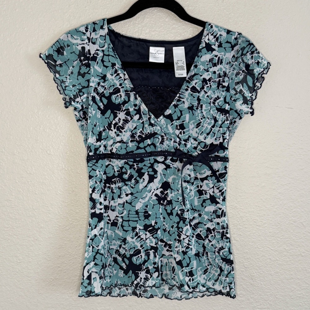 Y2K Fairy Babydoll Mesh Top Ribbon Bow Beaded Blue Lettuce Edge Small‎ Coquette